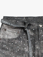 Denim Distressed Belt Diamond Decorated Jeans