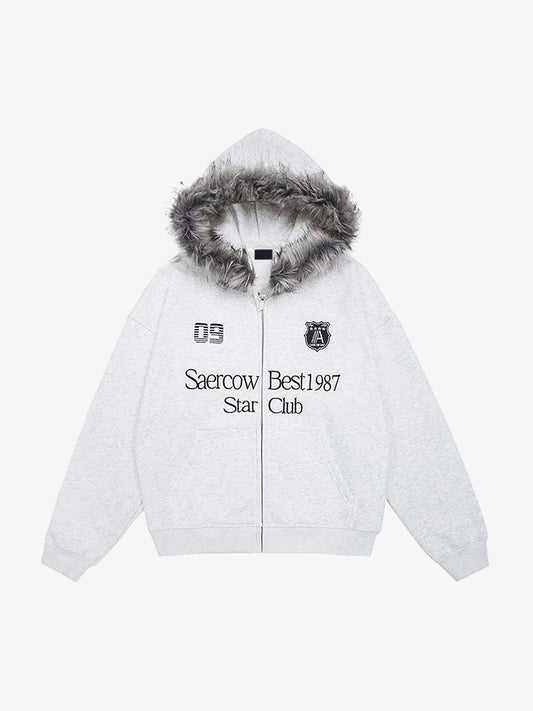 Letter Medal Embroidered Cardigan Fur Collar Hooded Sweatshirt