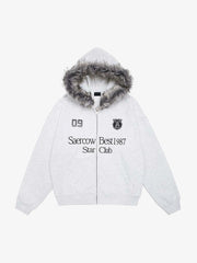 Letter Medal Embroidered Cardigan Fur Collar Hooded Sweatshirt