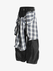 Denim Faux Two-piece Plaid Detachable Scimitar Jeans - 2435