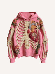 Knitted Heart Skeleton Printed Hooded Sweatshirt