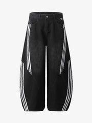 Denim Contrast Striped Stitching Barrel Jeans