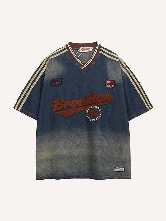 Washed denim V-neck short-sleeved T-shirt