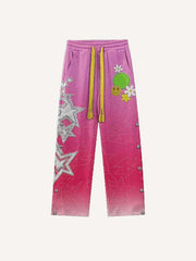Colorblock Stat&Floral&Smiley Face Faux Decal Print Elastic Waist Pants