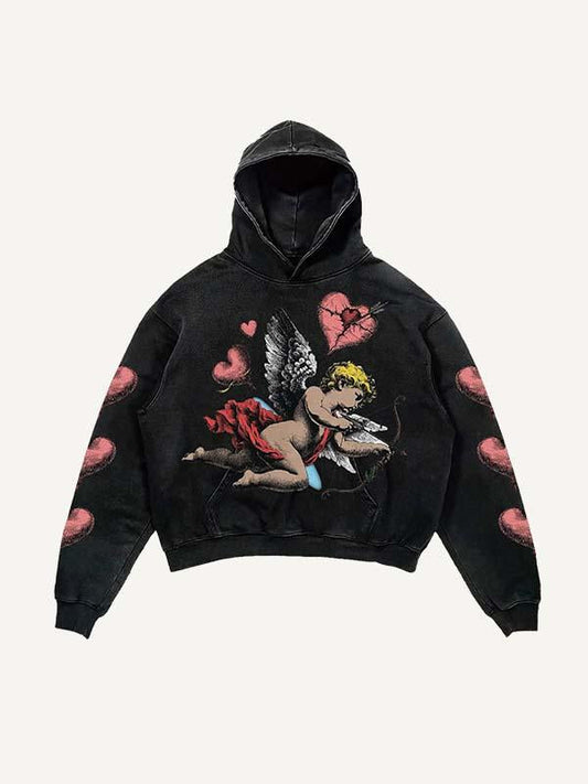 Cupid&Heart Print Slant Pockets Hoodie