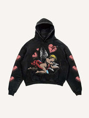 Cupid&Heart Print Slant Pockets Hoodie