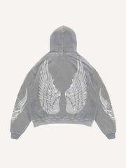 Demon&Wing&Letter Faux Decal Print Slant Pockets Hoodie