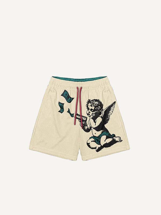 Angel&Letter&Money Print Elastic Waist Shorts