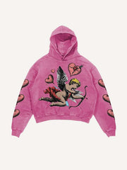 Cupid&Heart Print Slant Pockets Hoodie