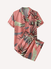 Hawaiian Floral Leaf Graphic Patch Pocket Drawstring Waist Two-Piece Set