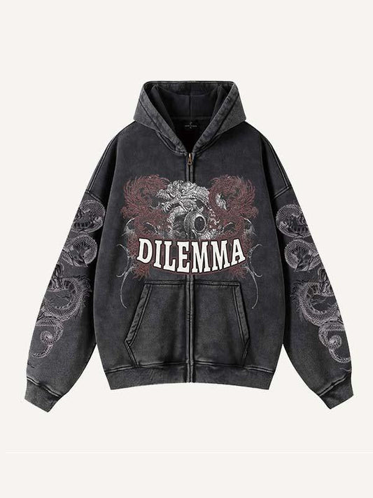 Dragon Print Zip Up Slant Pockets Hooded Coat
