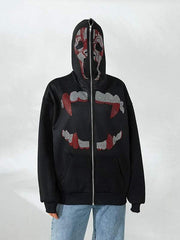Vampire Fangs Skull Sequin Zip Up Hooded Coat