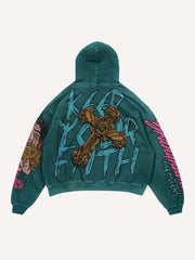 Figure&Letter&Cross Print Slant Pockets Hoodie