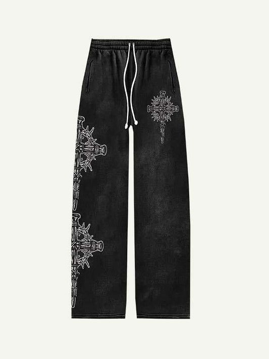 Letter&Cross Print Elastic Waist Pants
