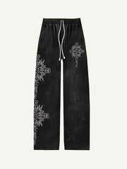 Letter&Cross Print Elastic Waist Pants