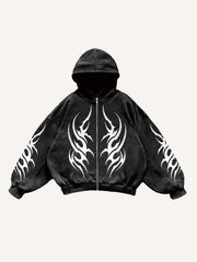 Graphic Print Zip Up Hooded Coat