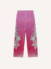 Colorblock Stat&Floral&Smiley Face Faux Decal Print Elastic Waist Pants