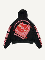 Heart-beating Music Heart&Letter Graphic Print Slant Pockets Hoodie