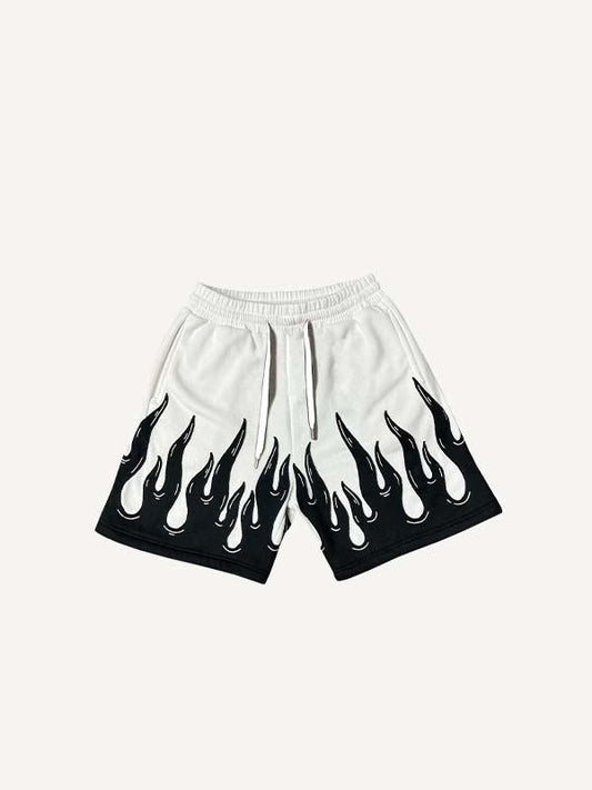 Colorblock Fire Faux Decal Print Drawstring Waist Shorts