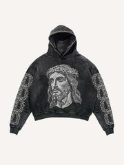 Jesus Letter Faux Rhinestones Print Slant Pockets Hoodie