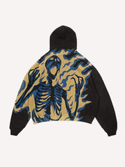 Fire Skeleton Print Slant Pockets Hoodie
