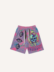 Skull&Mushroom&Eye&Letter Print Drawstring Waist Shorts