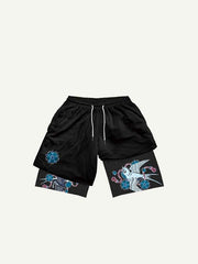 Fake Two Pieces Bird&Floral Print Drawstring Waist Shorts