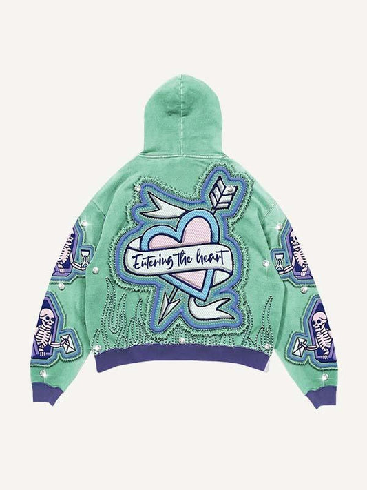 Heart&Sword&Arrow&Skeleton&Letter&Fire Faux Rhinestones Print Faux Decal Print Slant Pockets Hoodie