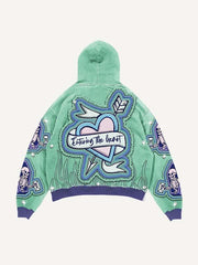 Heart&Sword&Arrow&Skeleton&Letter&Fire Faux Rhinestones Print Faux Decal Print Slant Pockets Hoodie