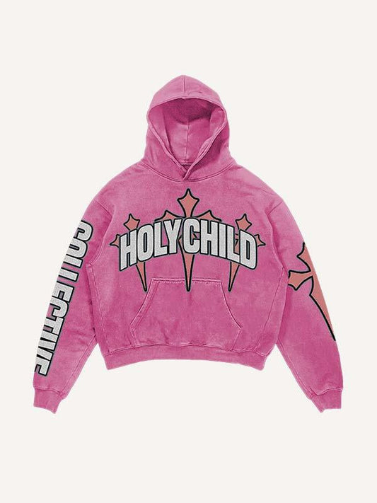 Cupid&Letter&Cross Print Slant Pockets Hoodie