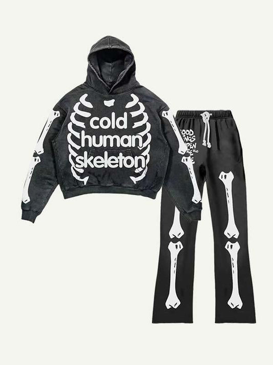 Skeleton&Letter Print Elastic Waist Two-Piece Set