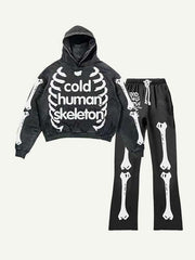 Skeleton&Letter Print Elastic Waist Two-Piece Set