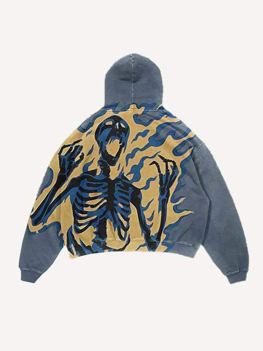Kapuzenpullover mit schrägen Taschen und Feuerskelett-Print