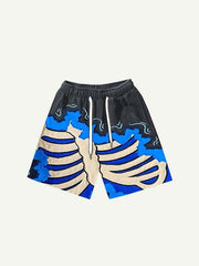 Colorblock Skeleton Faux Decal Print Drawstring Waist Shorts