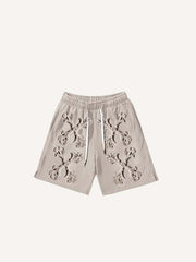 3D Vision Skull&Cross&Floral Print Drawstring Waist Shorts