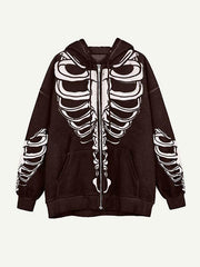 Skeleton Print Zip Up Slant Pockets Hooded Coat