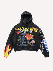 Skeleton&Letter&Heart Graphic Print Slant Pockets Hoodie