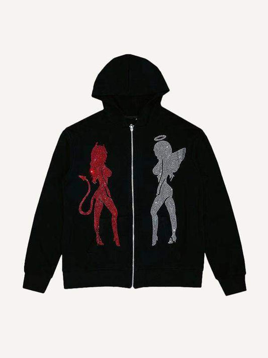 Half Red Female Devil&Half White Female Angel Zip Up Hooded Coat