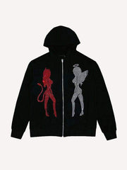 Half Red Female Devil&Half White Female Angel Zip Up Hooded Coat