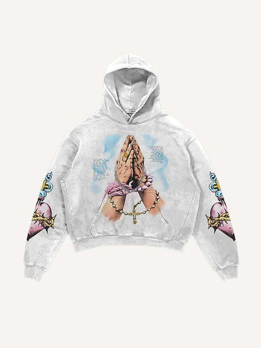 Pray Letter&Heart&Palm Print Slant Pockets Hoodie