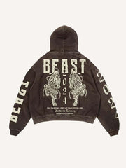 Tiger&Letter Print Slant Pockets Hoodie