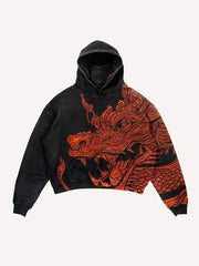 Dragon Print Slant Pockets Hoodie