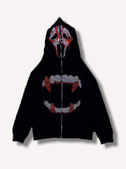 Vampire Fangs Skull Sequin Zip Up Hooded Coat