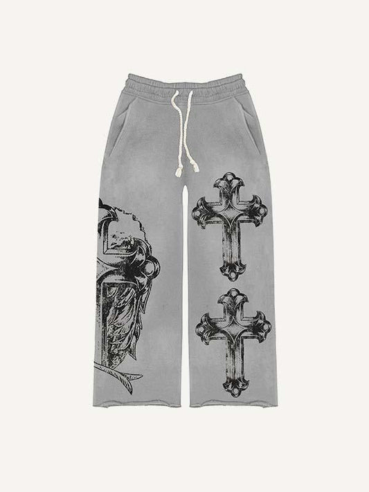 Cross&Letter&Graphic Print Elastic Waist Pants