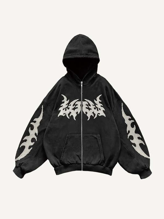 Graphic Faux Decal Print Zip Up Hooded Coat