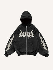Graphic Faux Decal Print Zip Up Hooded Coat