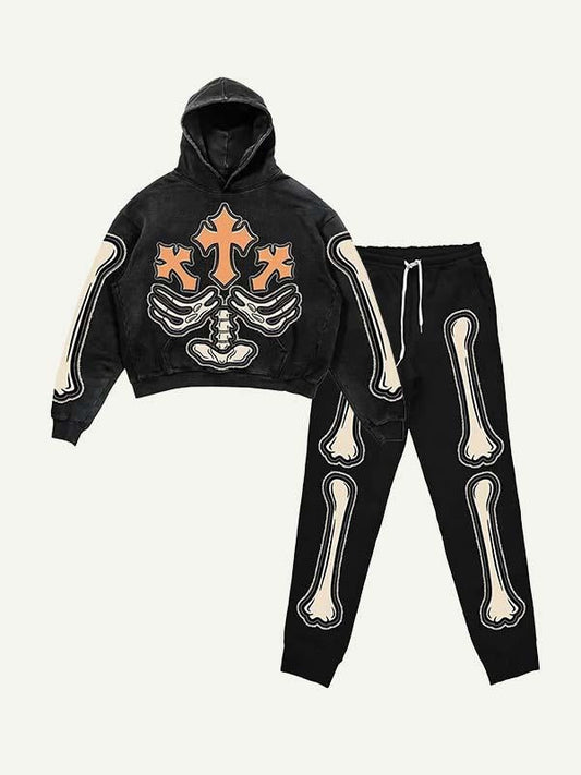 Skeleton&Wing&Cross&Letter Faux Decal Print Elastic Waist Two-Piece Set