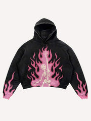 Pink Fire Skeleton Print Slant Pockets Hoodie