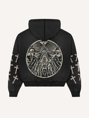 Mary&Letter&Cross Print Zip Up Hooded Coat