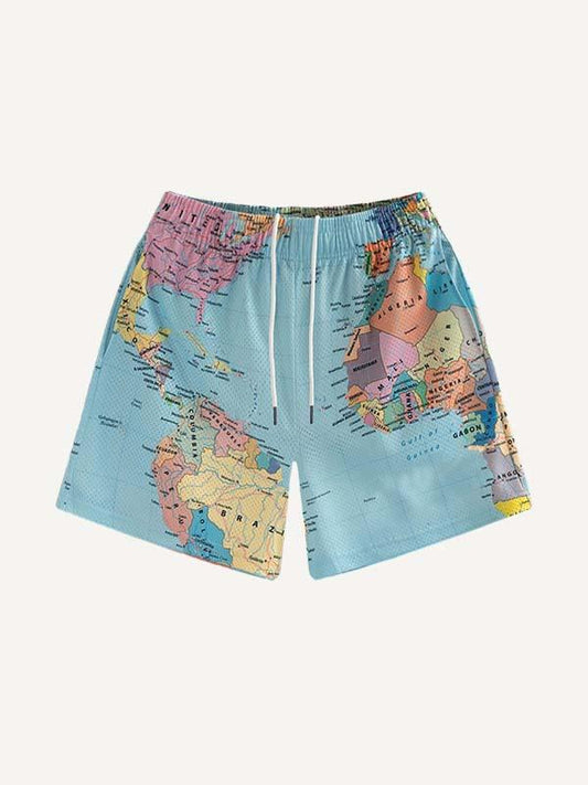 Map Print Mesh Drawstring Waist Shorts